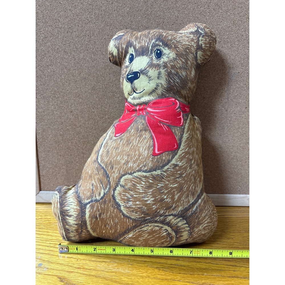 Vintage Fabric Teddy Bear Pillow Brown Printed Cotton Plush Red Bow Decor - Picture 6 of 6